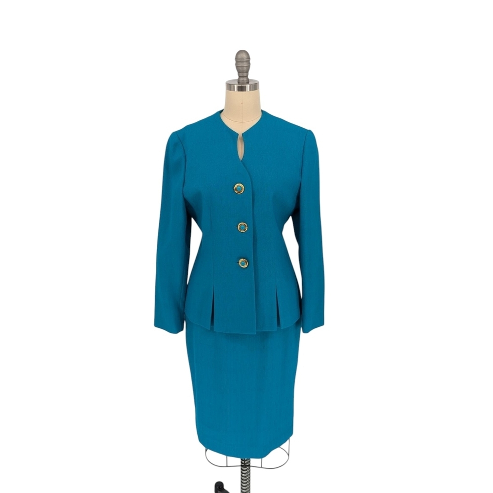 Kasper Teal Tailored Peplum Jacket and Pencil Skirt Set